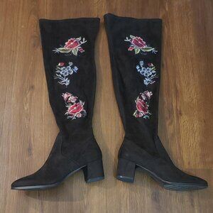 Black Suede-Look Stretch Embroidered Boots